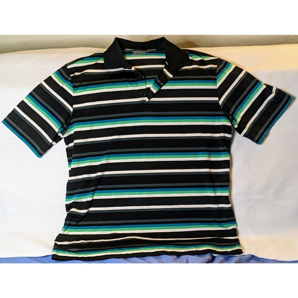 Nike Golf Tour Performance Polo Shirt Mens L Green Wht Blk Teal Striped Dri-Fit